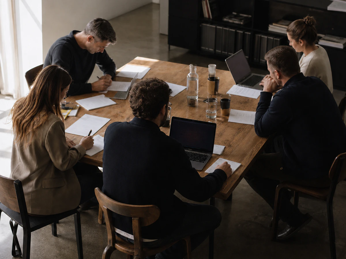 Team neemt aan tafel de stukken door en maakt samen keuzes