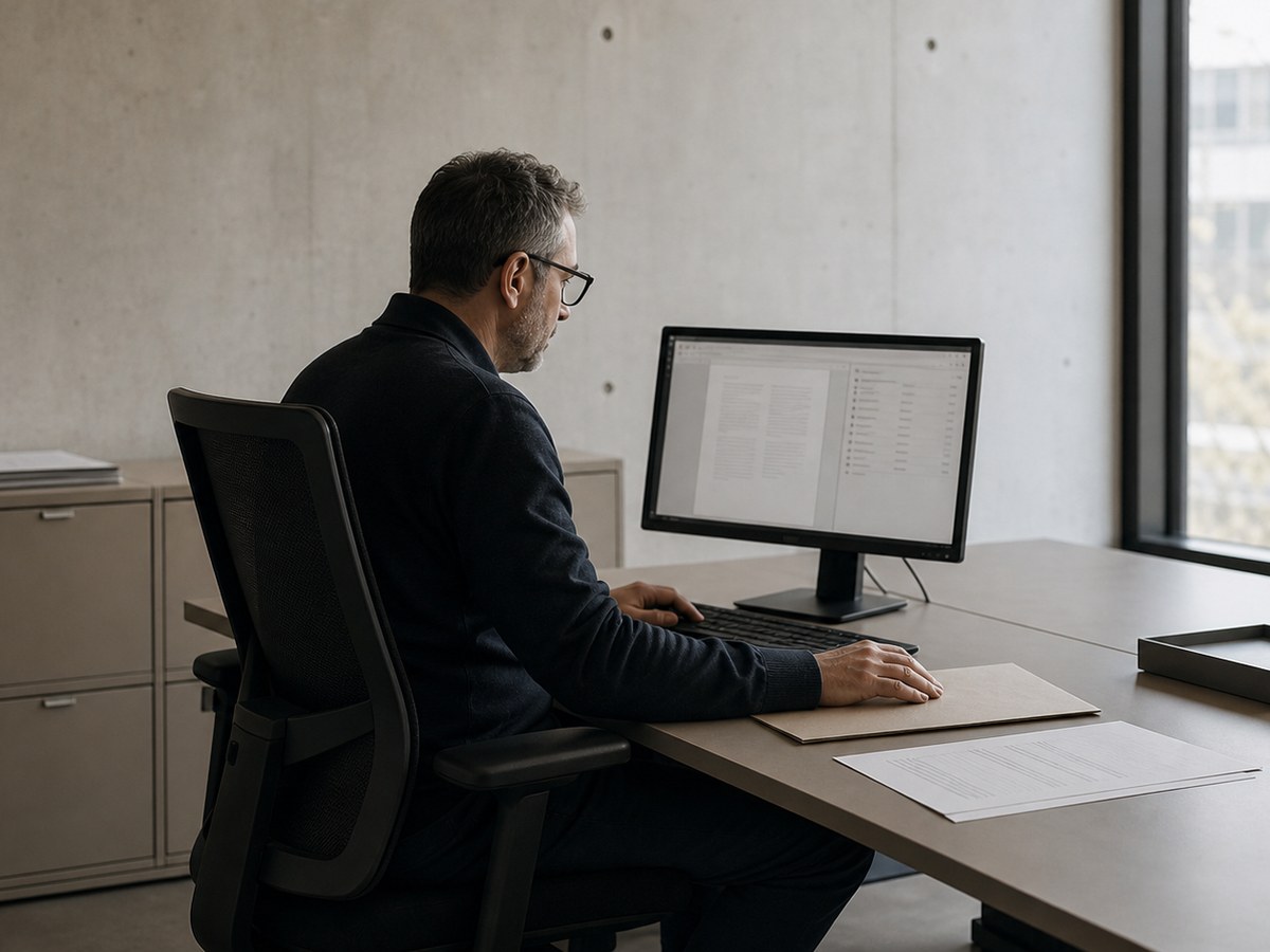 Medewerker controleert een document op scherm met de stukken ernaast