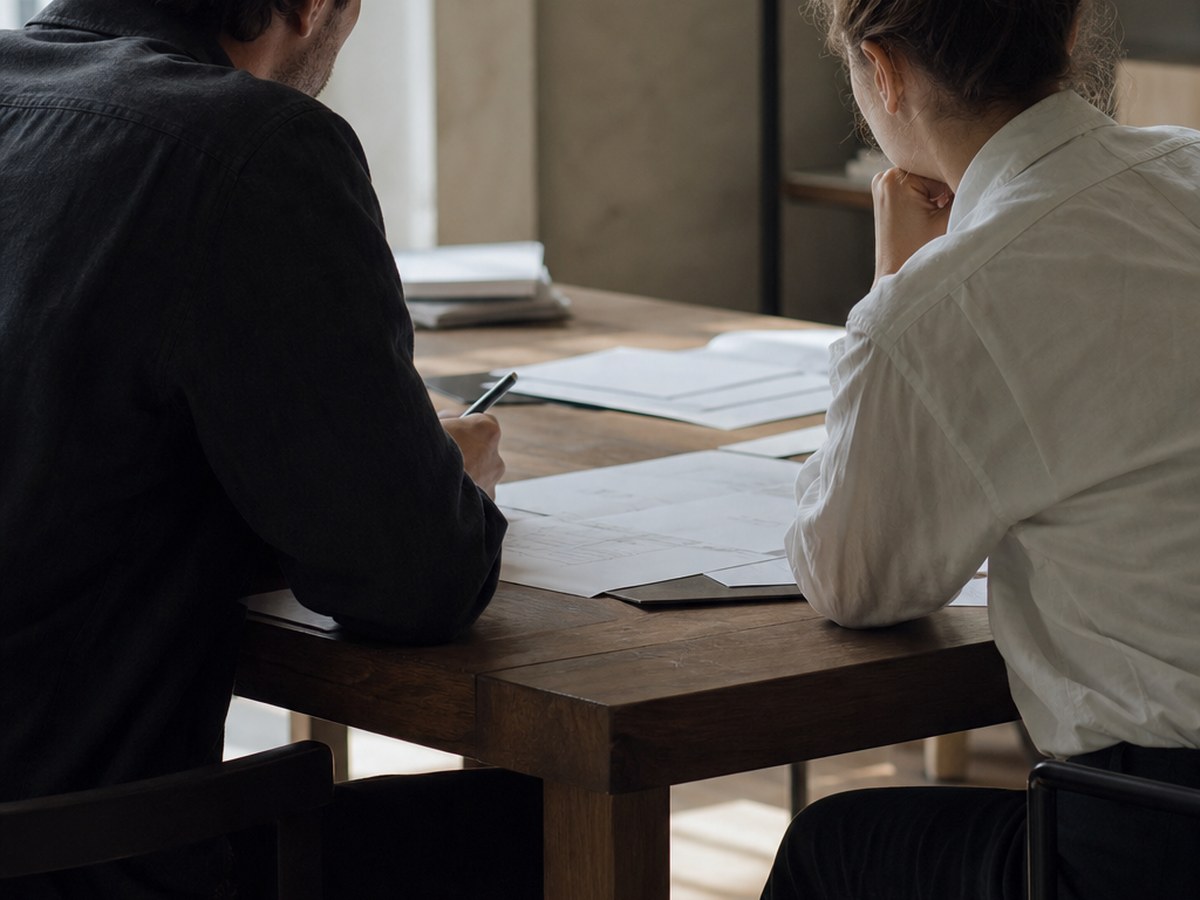 Twee collega's nemen samen stukken door aan tafel