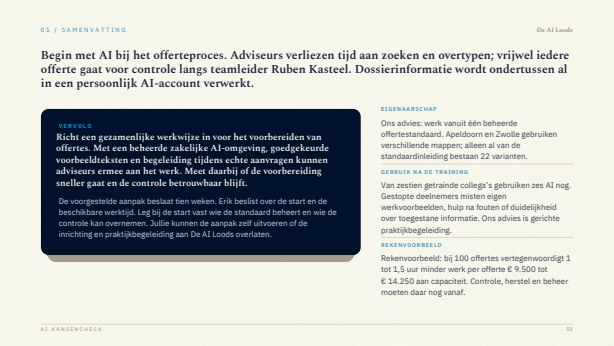 Voorbeeldpagina met een samenvatting uit een AI Kansencheck-rapport